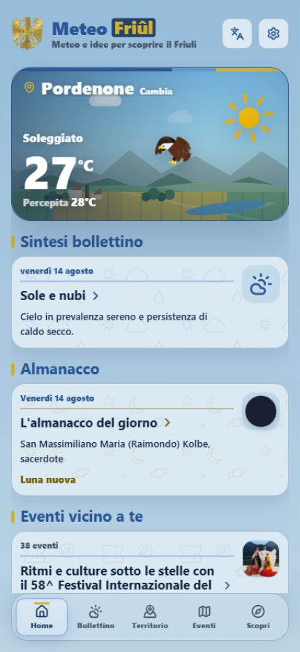 Schermata Home di Meteo Friûl con meteo locale, sintesi del bollettino, almanacco ed eventi